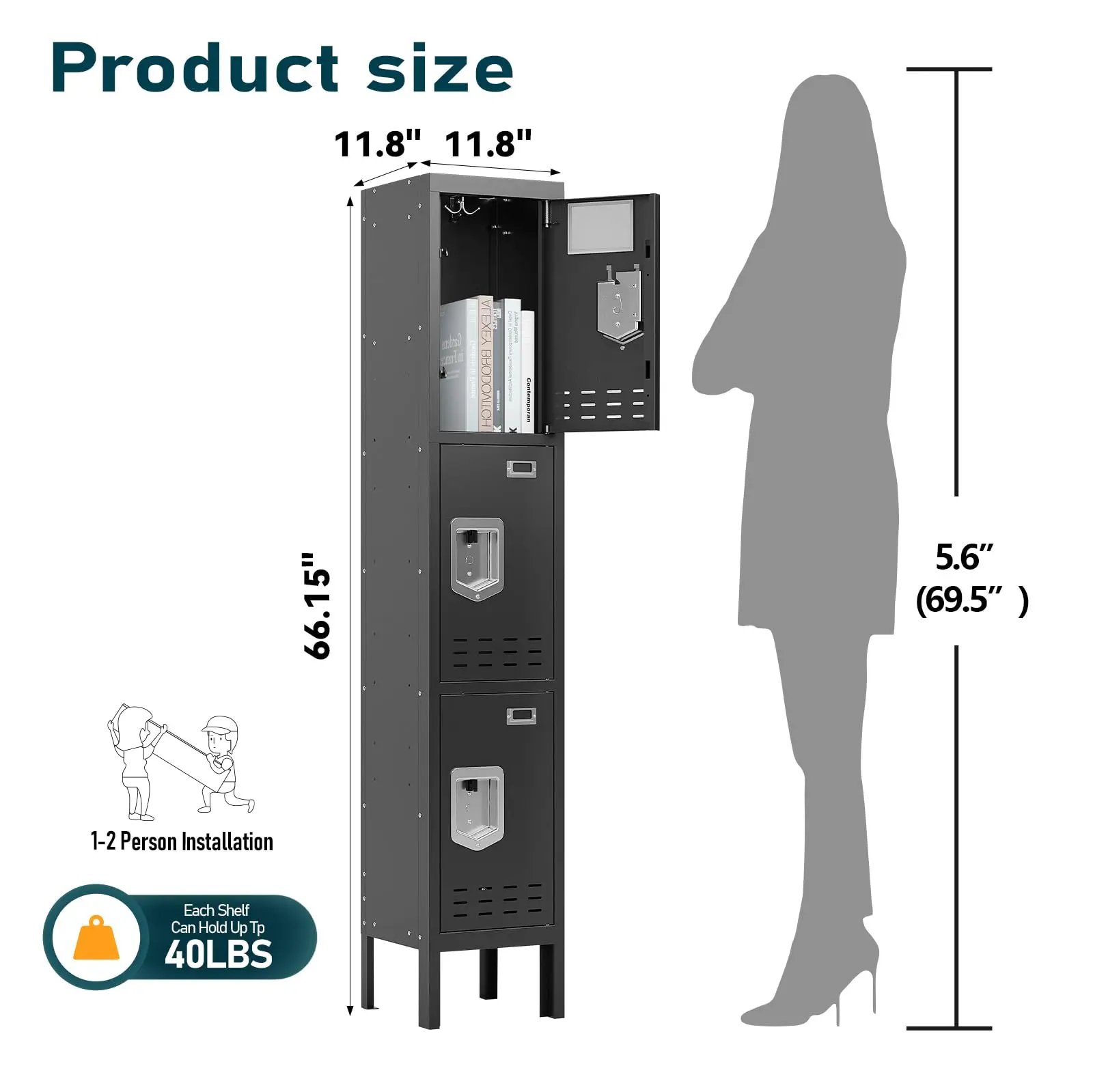Metal Locker with 3 Doors Employees Locker, Metal Storage Locker with Hooks, 66" Storage Cabinet Lockers for Employees, Home, Of