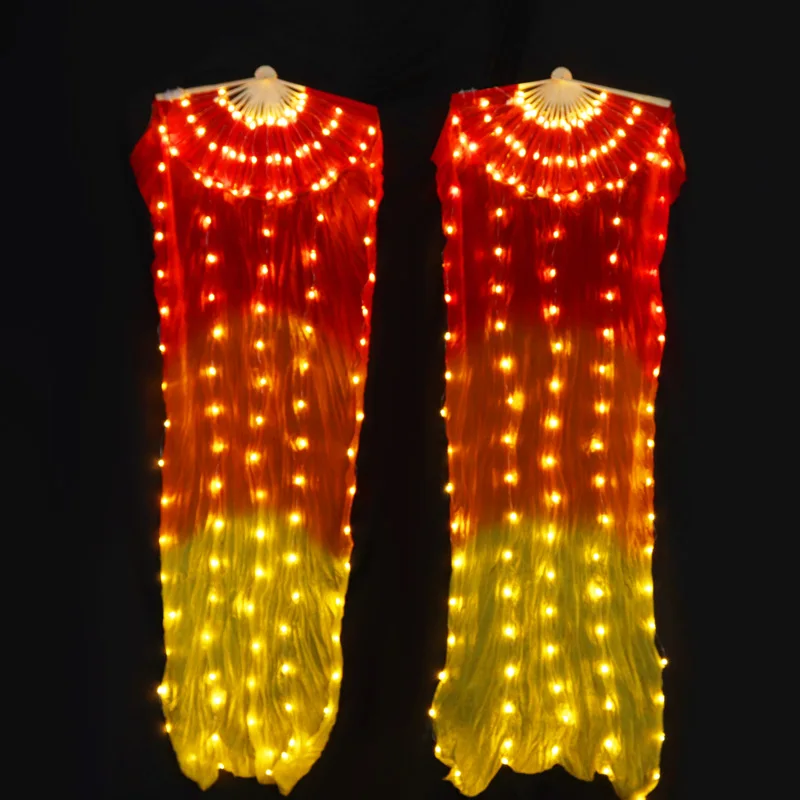 LED Real 100% para fanáticos de la seda china, disfraces de danza del vientre, espectáculo de fiesta, 180CM, 1 par de velos de ventilador Led para baile, amarillo, naranja, rojo y blanco