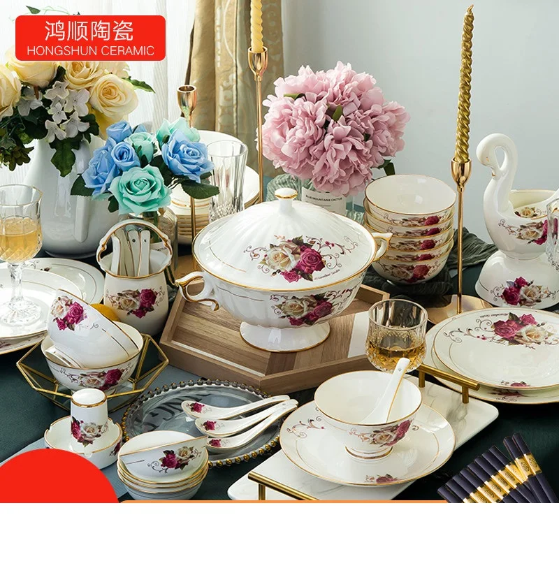 

Bowl and Plate Set Jingdezhen Upscale 60PC Bone Porcelain Tableware Set Chinese Bowl, Plate, Bowl, Chopstick, Wedding Gifts