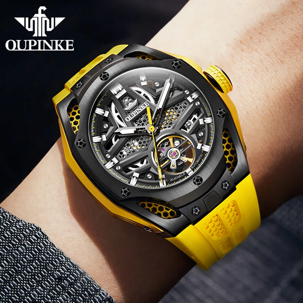 OUPINKE-Reloj de pulsera para hombre, accesorio masculino con mecanismo automático de Tourbillon, resistente al agua, con zafiro de silicona, luminoso, tendencia, 9003