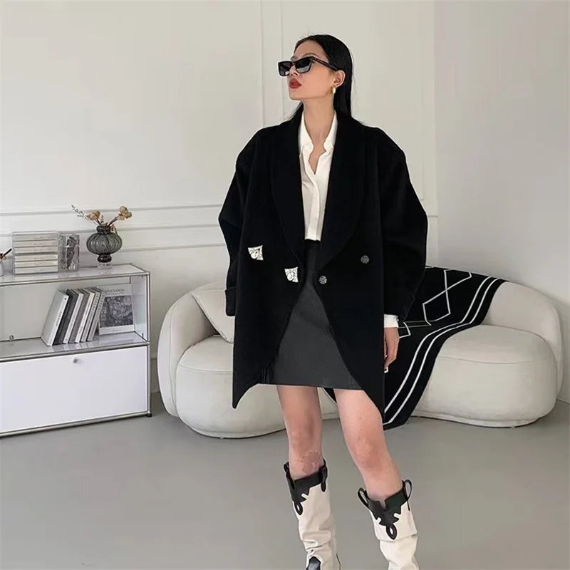 2023 Autumn Winter New Mulberry Silk Double Sided Wool Coat for Women's Fashion Button Full Diamond Trench Coat for Women