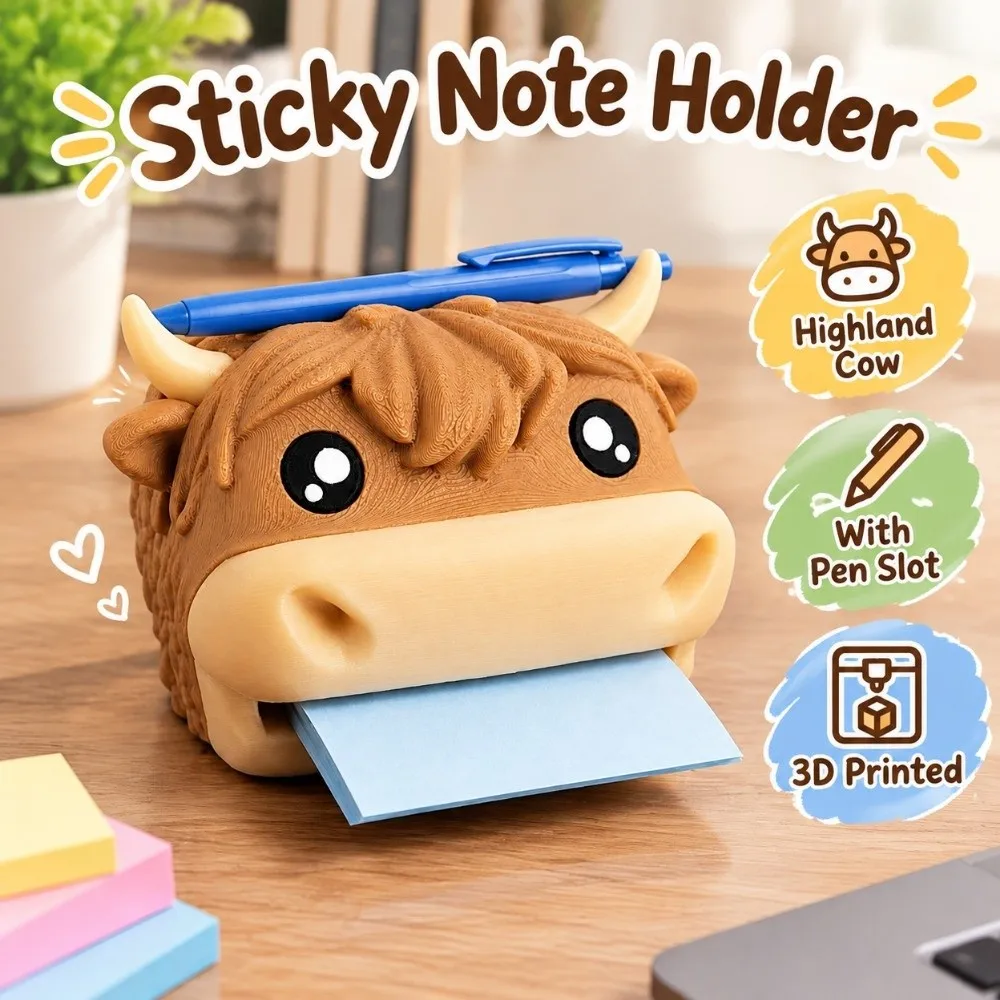 Cute Sticky Note Holder 3D Printed Highland Cow Desk Organizer Multifunctional With Pen Slot Sticky Note Dispenser Classroom