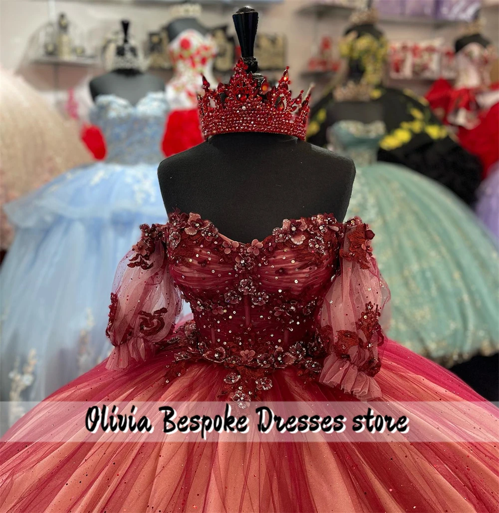 Robes de Quinceanera rouges à manches bouffantes courtes avec appliques florales perlées, robe de Rh, robe de soirée de mariage mexicaine, dimension vieillissante, Sweet 15, 16