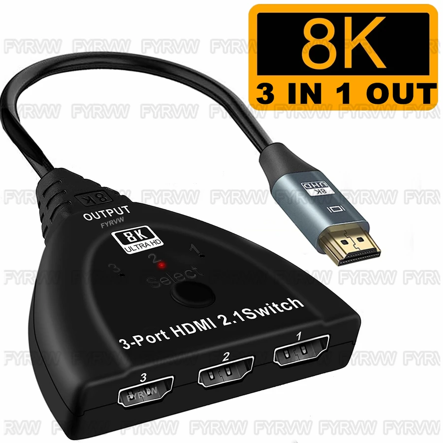 8K HDMI2.1 Splitter Switch 3 in 1 out 3Port HDMI Switcher Selector Box 8K@60Hz 4K@120Hz for PS4/5 Roku TV box  Monitor Projector