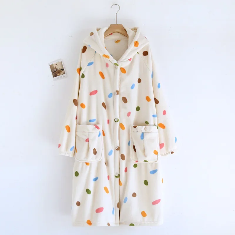 2024 Winter New Flannel Sleeping Robe Women\'s Bathrobe Long Thickened Velvet Cute Sweet Hooded Home Robe Sleepwear Ladies