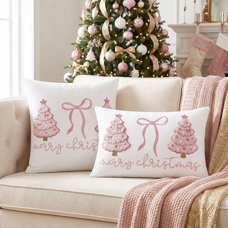 Pink Christmas Tree Bow Embroidered Pillow Cover – Nordic Festive Sofa Cushion Case, No Insert Included