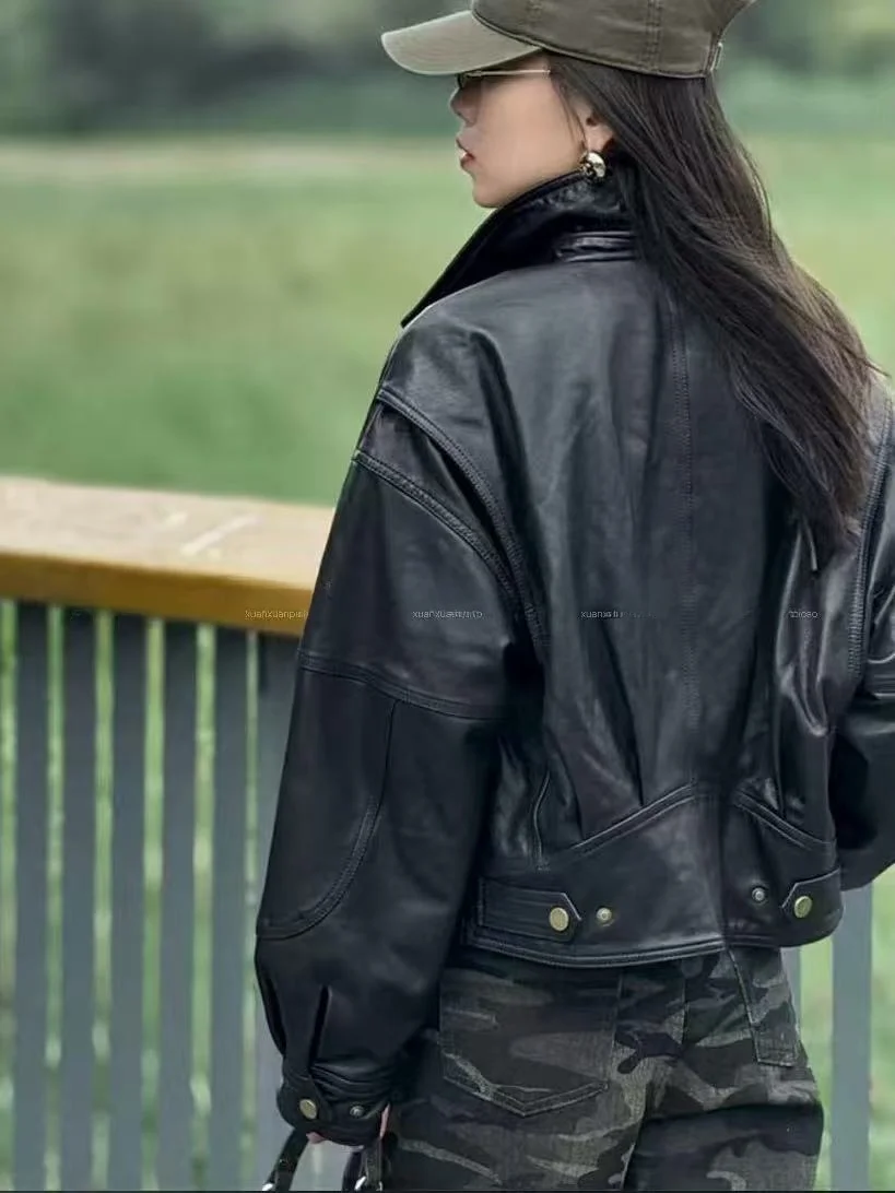 2025년 신상 여성용 천연 가죽 자켓 슬림핏 바이커 코트 패셔너블 출퇴근용 롱 슬리브 지퍼