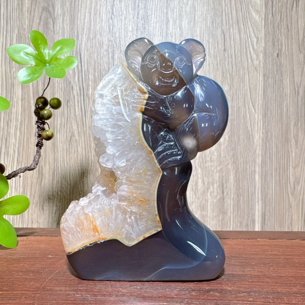 Natural Handcarved Agate Druzy Quartz Koala Carving Stone Animals Healing Crystal Reiki Energy Home Decoration Gifts