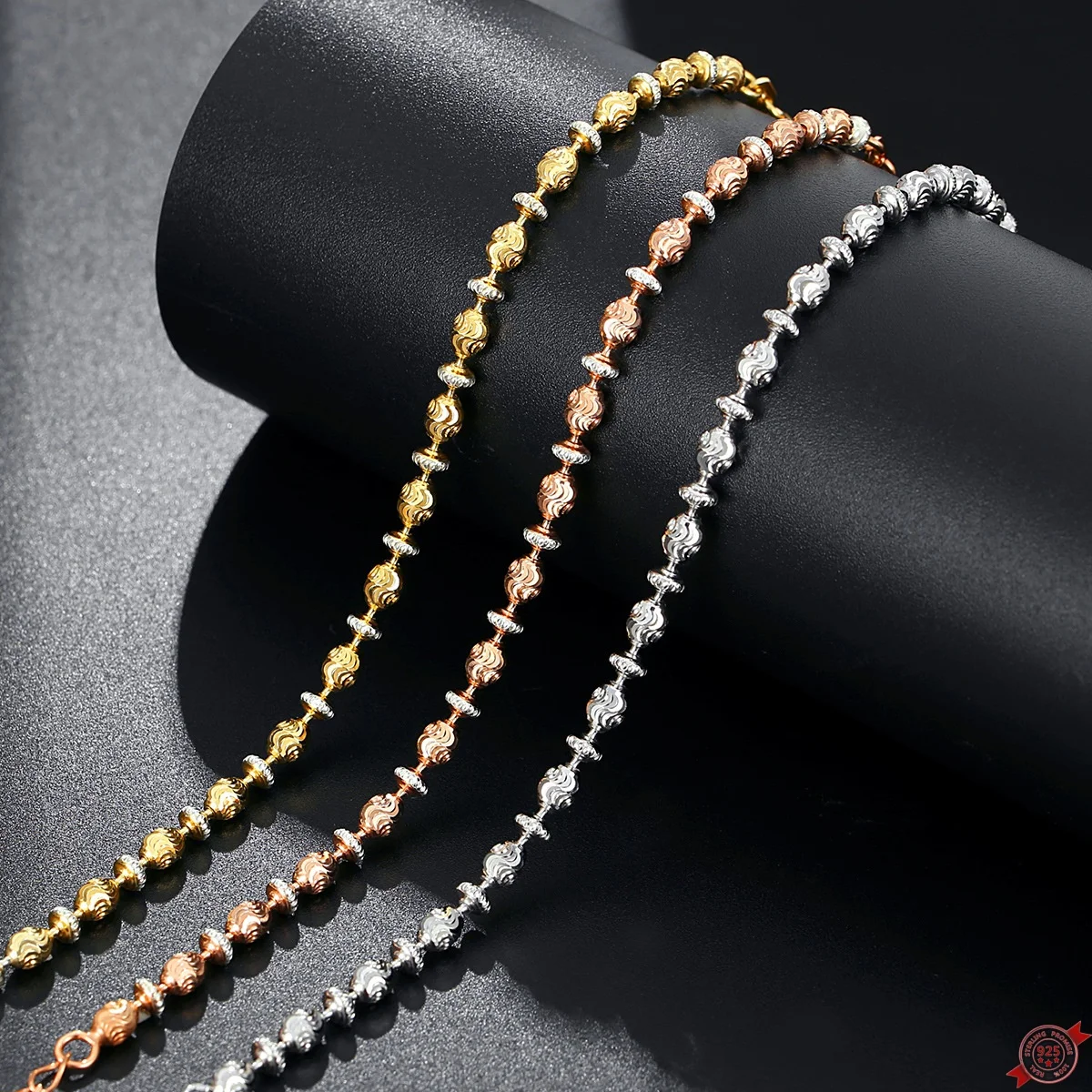 

Браслеты из стерлингового серебра S925 для женщин, текстурированный волнистый узор, яйцеобразный браслет-цепочка из бисера, модные ювелирные изделия, оптовая продажа