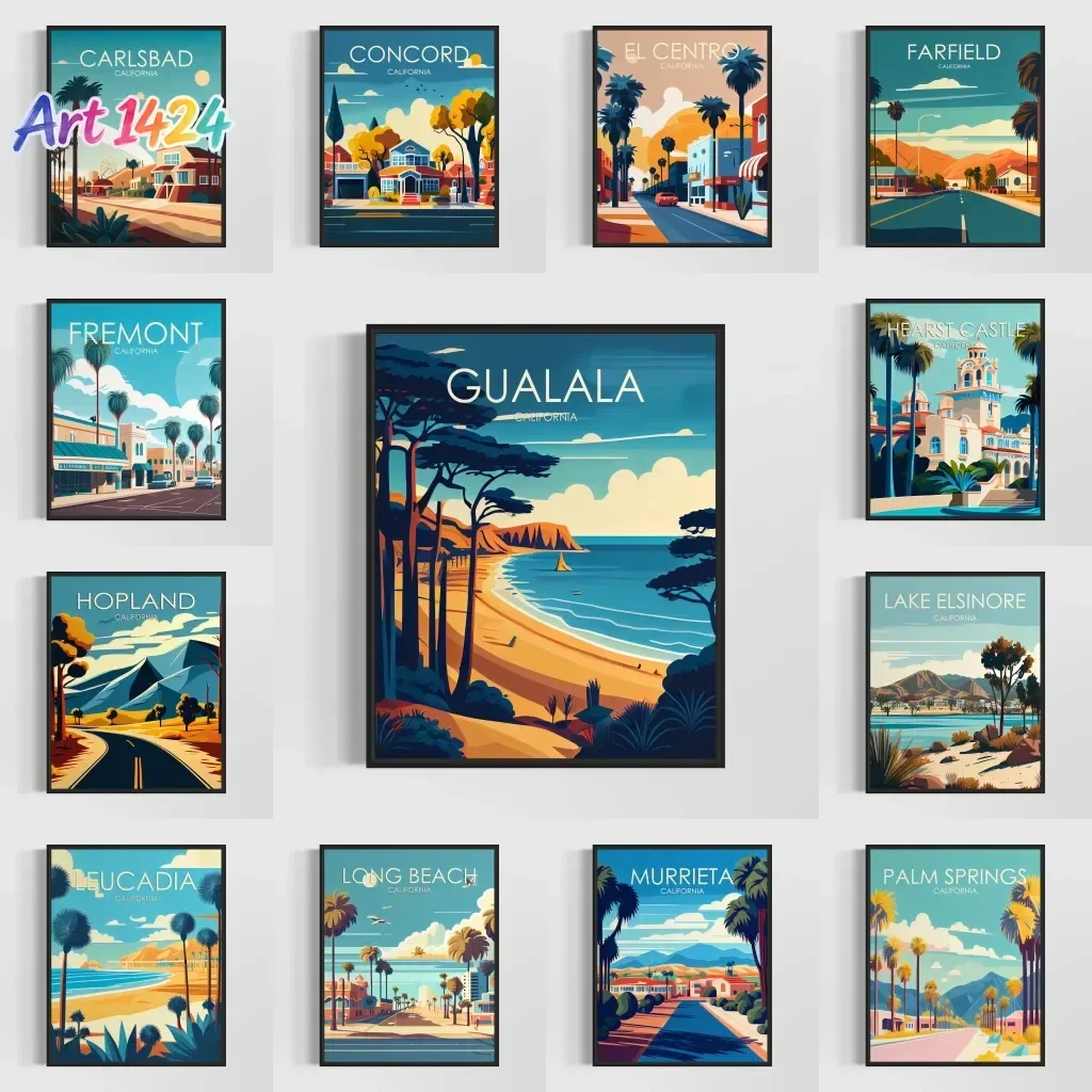 (1pc frameless)Retro Minimalist City Travel Canvas Painting California Landscape Wall Art Print Vintage Minimal Design Poster