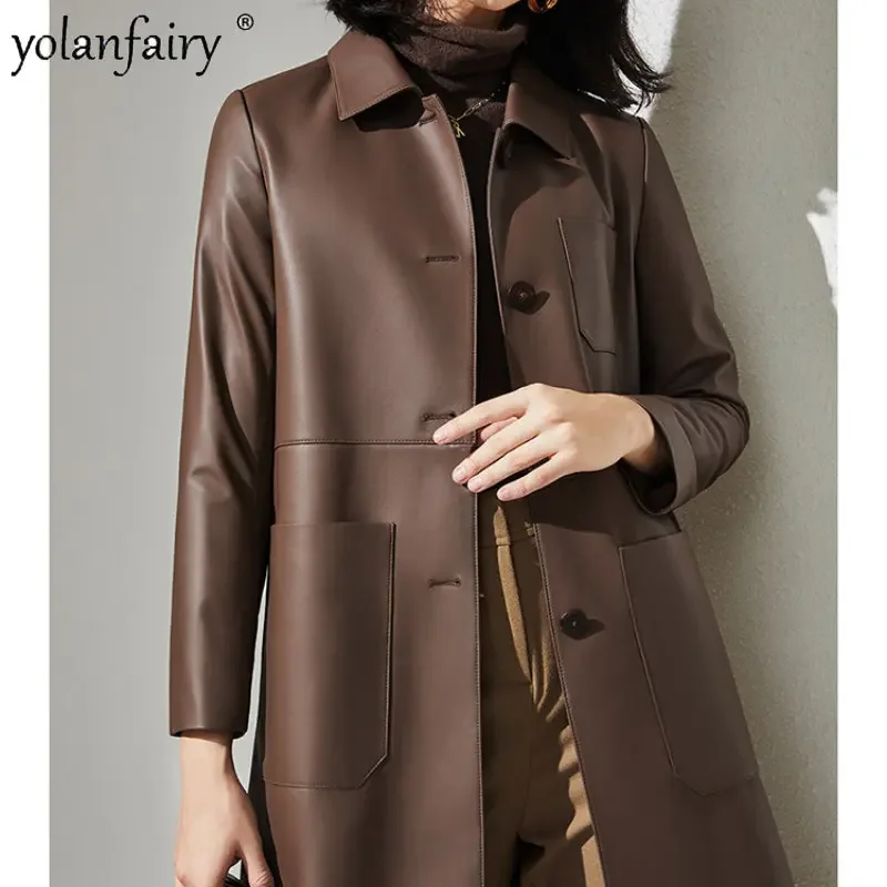 Veste en cuir véritable pour femme, manteau en peau de mouton véritable, élégant, grande poche, ample, mode coréenne, nouvelle collection automne 2022