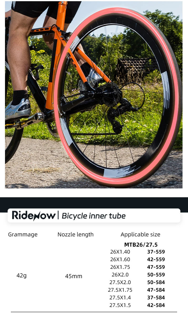 Ridenow Ultraleichter Fahrrad-TPU-Schlauch 26/27,5/29 Zoll MTB-Fahrrad-Innenreifen 45 mm/65 mm/85 mm für Gravel 700c 32c-47c Superleichter Schlauch – Detail 6