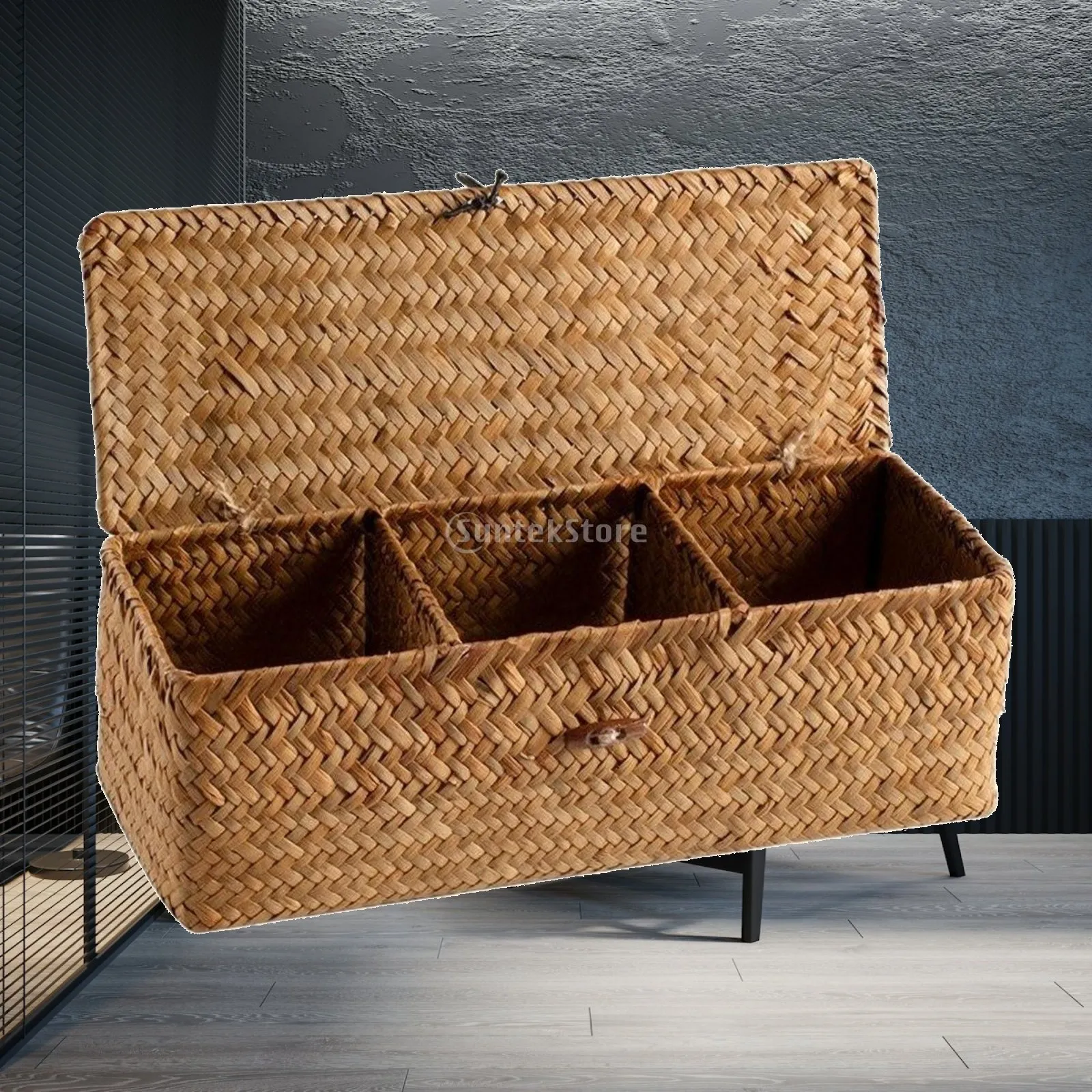 Wicker Style Storage Organizer Box 3 Compartments with Hinged Lid for Desktop Countertop Home Use