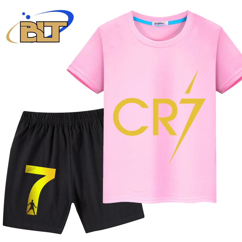 Ropa con estampado de Ronaldo para niños, traje de pantalones cortos de manga corta, Camiseta deportiva, conjunto de 2 piezas adecuado para niños, Verano