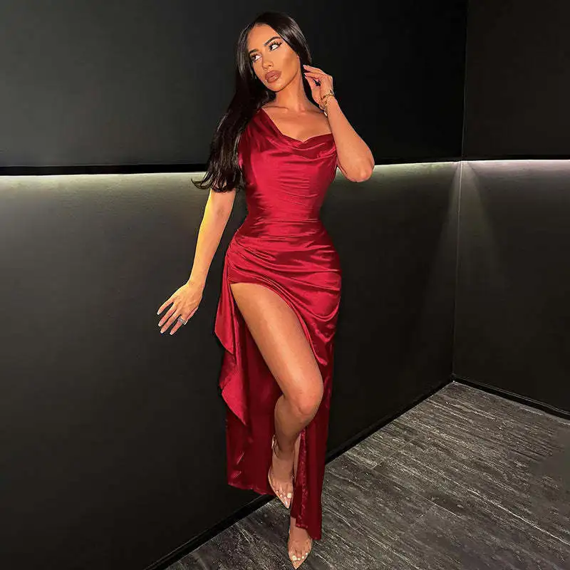 SKMY Sexy Y2k Kleidung Frauen Slim Fit Lange Kleider Hohe Taille Fishbone Satin Split Kleid Party Kleidung 2025, Sommer Neue Ankunft