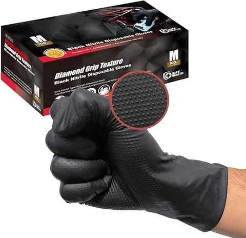 Gants en Nitrile noir jetables, gants de mécanicien sans Latex de 8 mil pour hommes, gants de mécanicien industriel texturés en diamant robustes