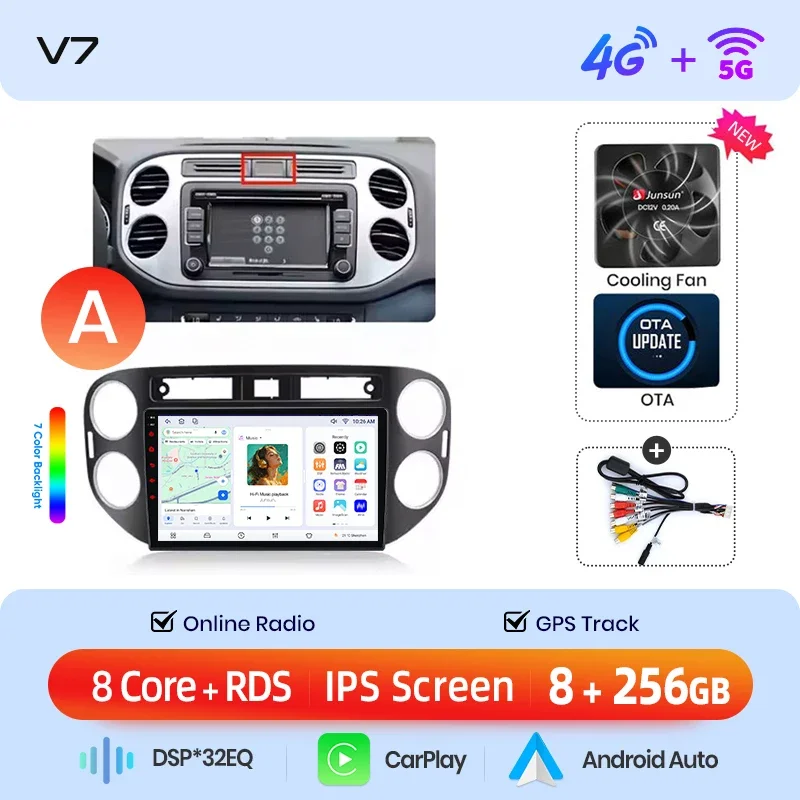 Junsun draadloze CarPlay Android Auto autoradio voor Volkswagen (VW) Tiguan Mk1 (5N) 2007-2016 met ingebouwde koelventilator, Android GPS navigatie, multimediaspeler, WiFi, DSP, RDS, BT, SWC, IPS
