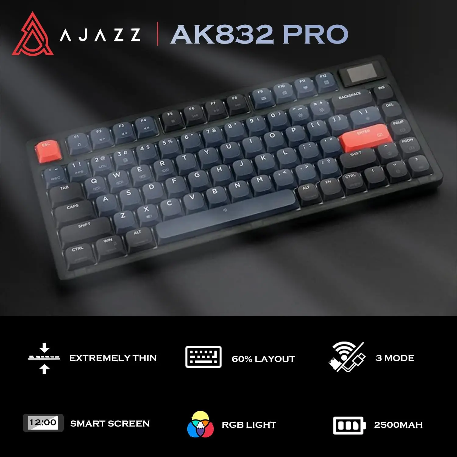 ATTACK 샤크 × AJAZZ AK832PRO BT 5.1, 2.4G 무선/유선 75% 로우 프로파일 기계식 키보드, PC/MAC OS용 스마트 스크린