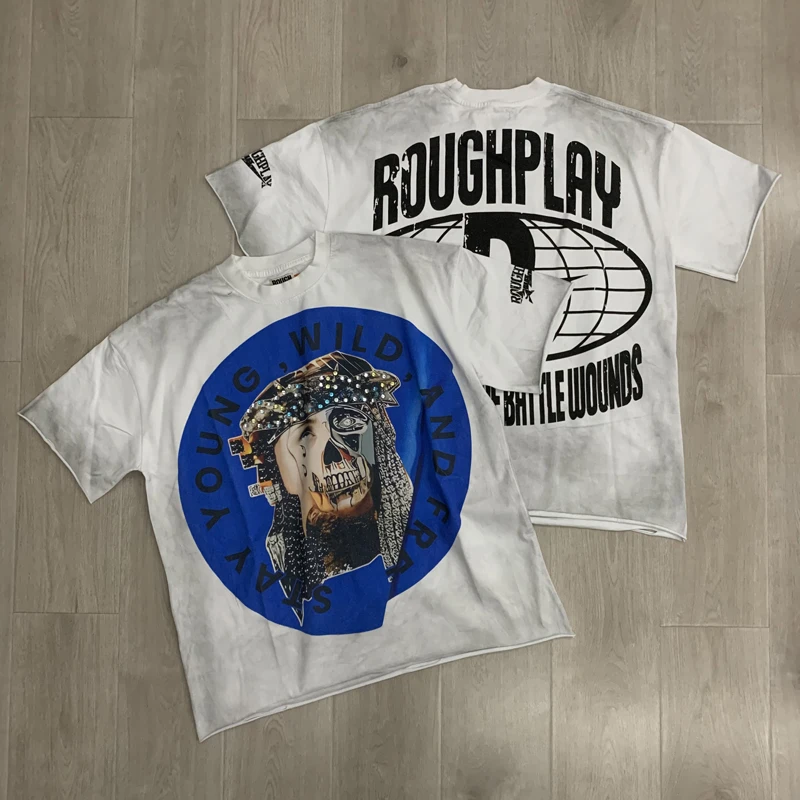 2026SS Rough Play Men T-Shirt, Bright Green Circle Portrait Text Slogan Gradient Gray Base Cut Raw Hem Casual Tee