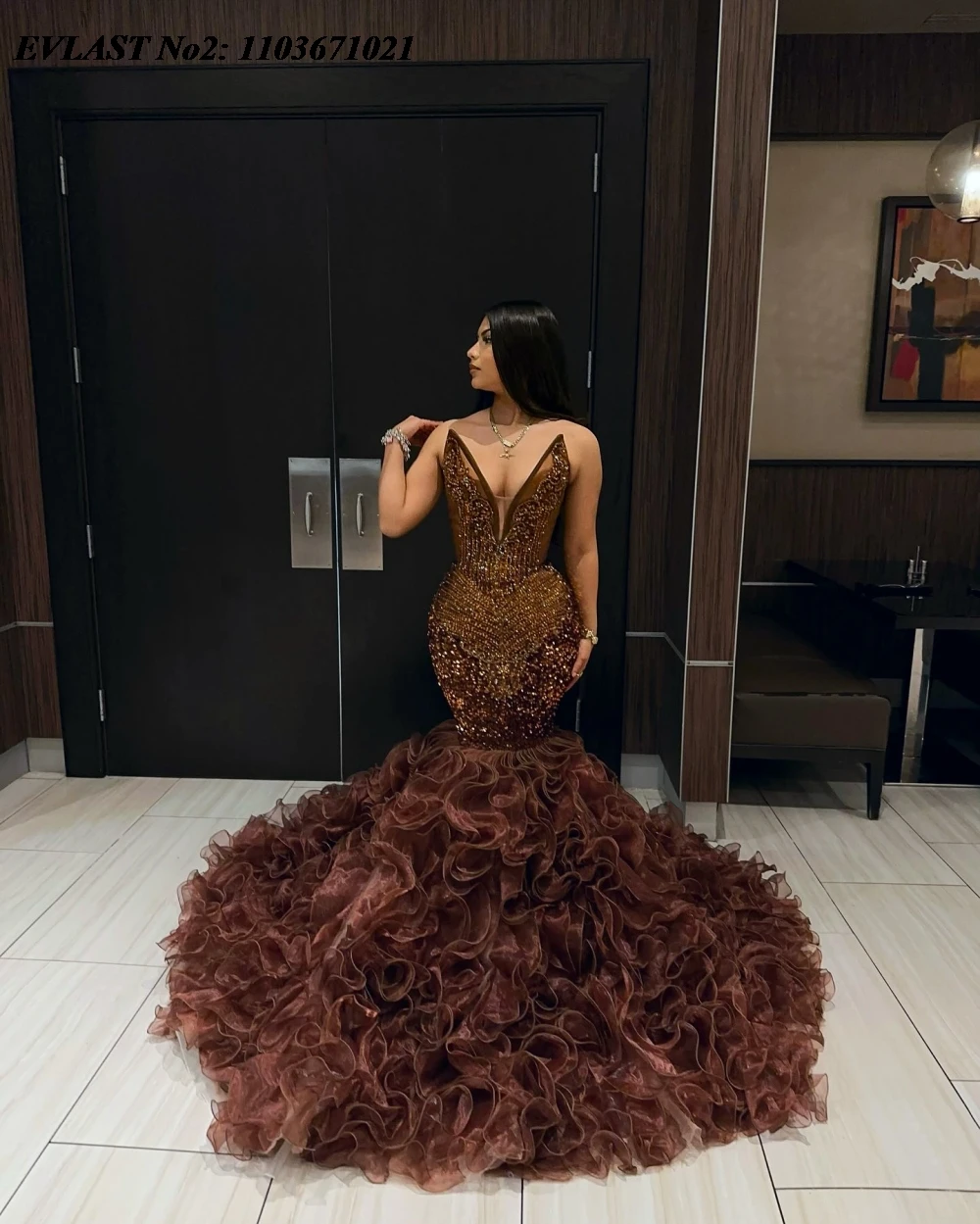 EVLAST Customized Shiny Brown African Prom Dress For Black Girls Ruffles Crystal Beaded Corset Mermaid Formal Party Gown E2P201