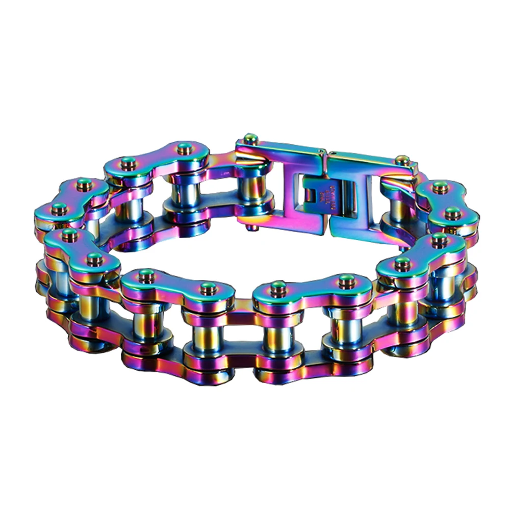 18mm Heavy Punk Rainbow Bike Biker Motorcycle Chain Bracelet Jewelry Men Rock Hiphop Blue Titanium Steel Bicycle Link Bangle