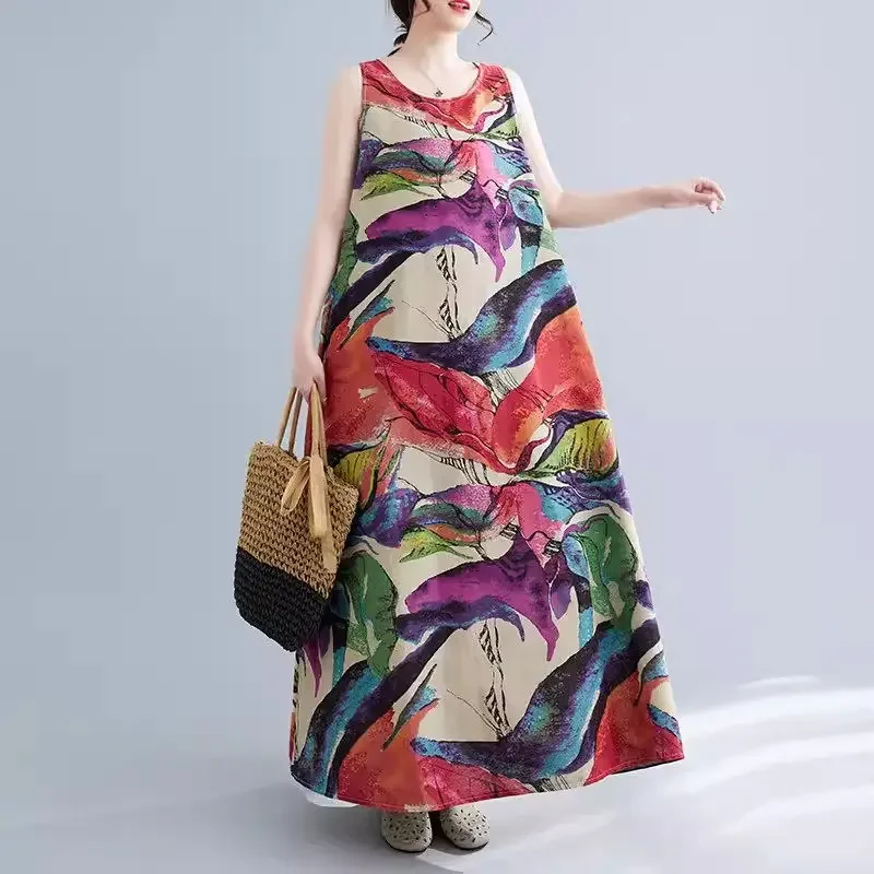 Summer New Retro Floral Linen A-Line Long Dress Women's Large Size Sleeveless Round Neck Mid Length Cotton Linen Dress