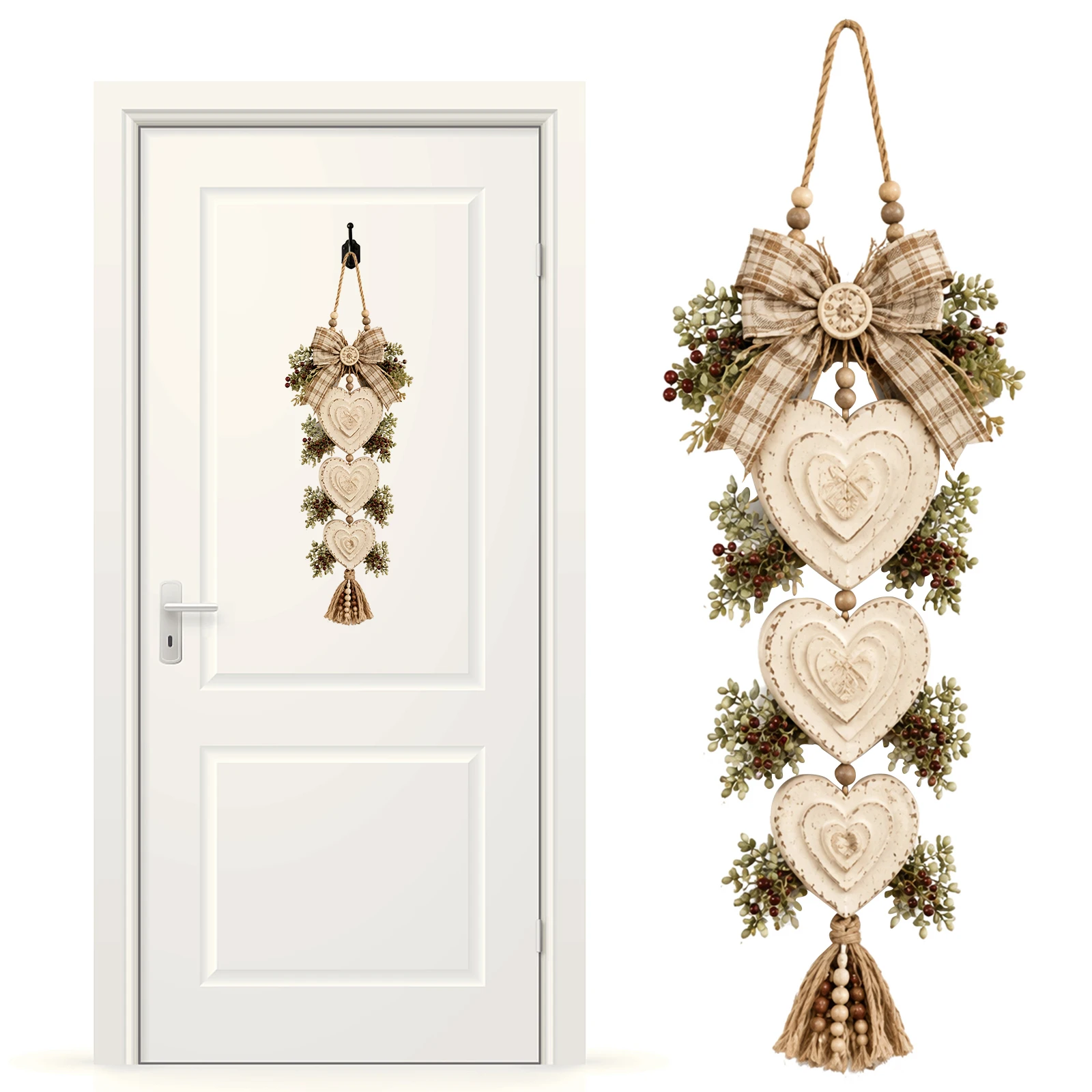 Farmhouse Wall Art 5-Tier Layered Heart Distressed Wood Jute Rope Boho Rustic Country Home Decor