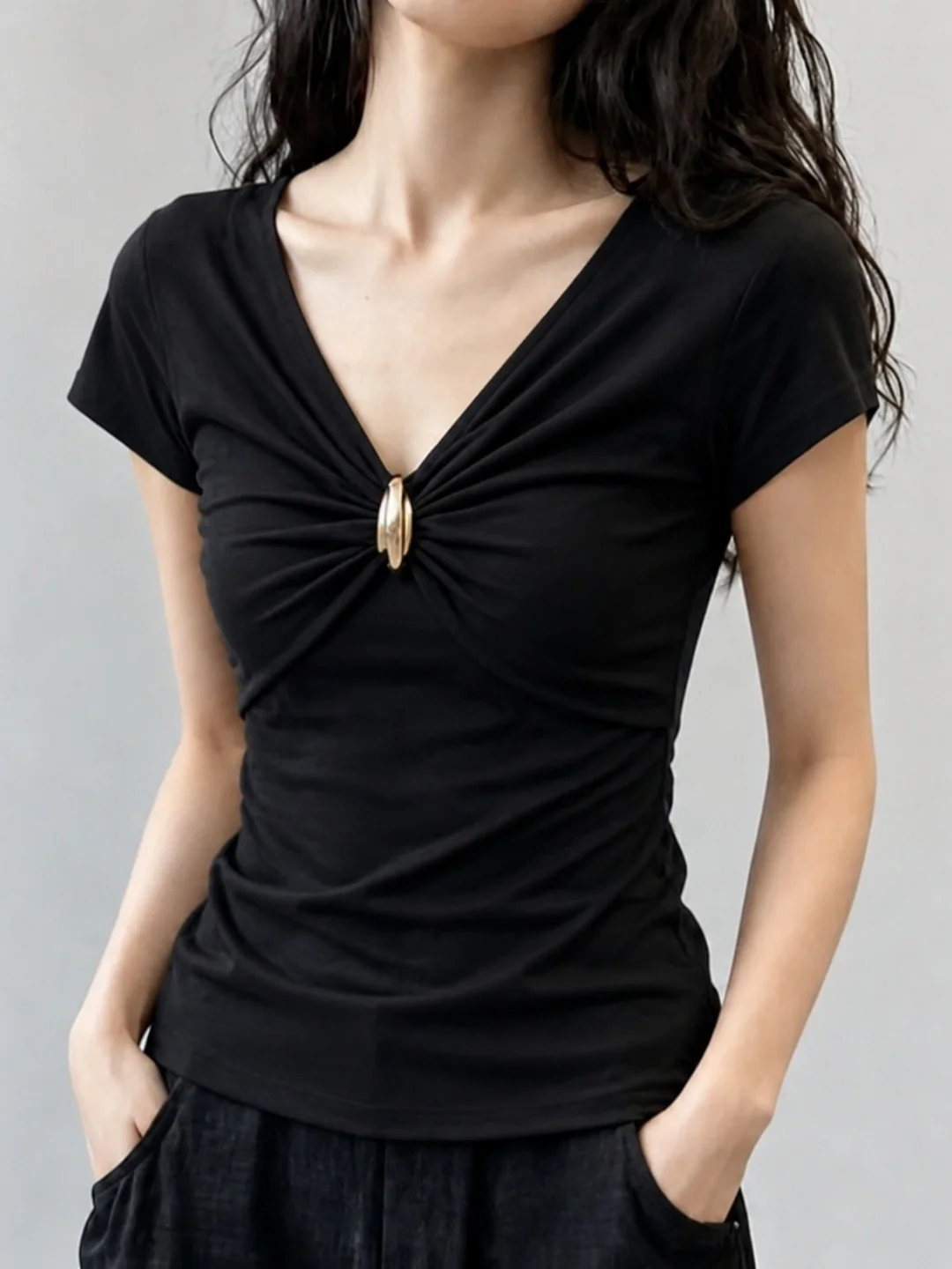 

Elegant V-Neck Knot Slim Fit Short Sleeve Top Pure Color Summer Trendy T-Shirt Women's Fashion Korean Style Commute Silk