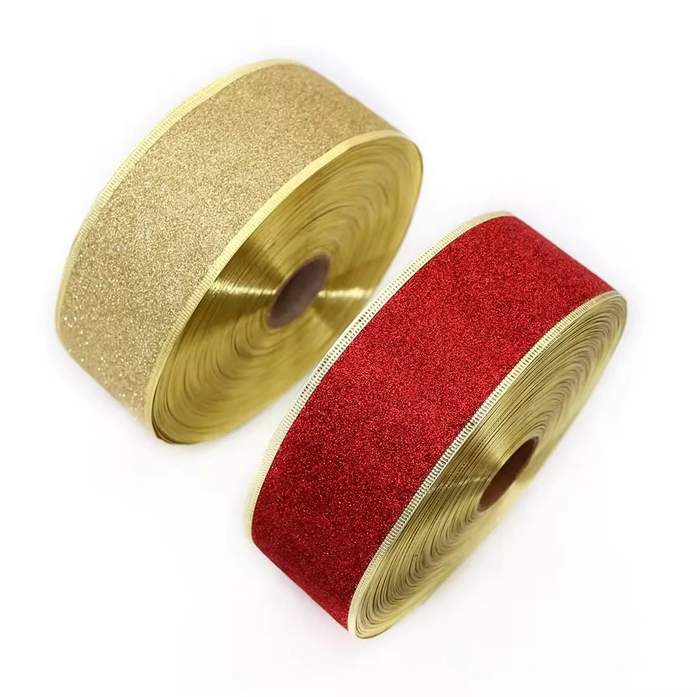 200cm*6.3cm Glitter Decorative Ribbons Red Silver Gold Ribbon With Iron Wire Christmas Decoration Ribbons for Crafts Bows