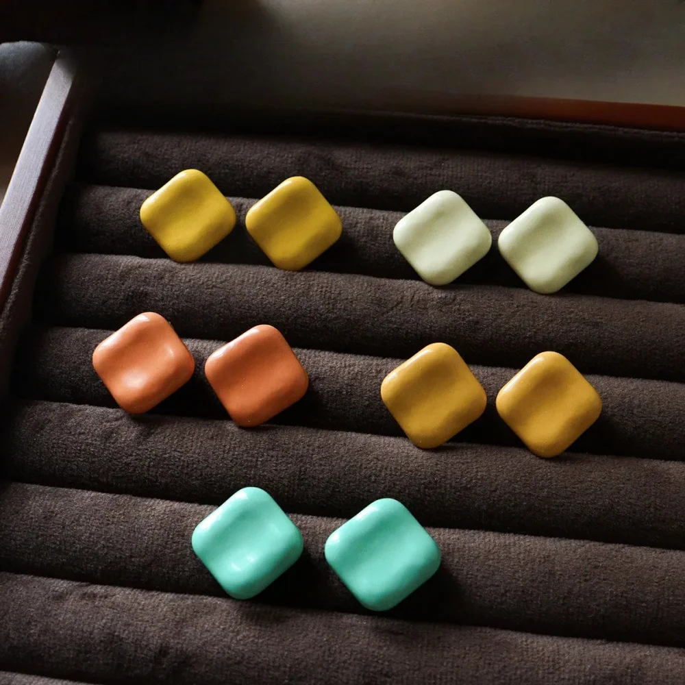 Dopamine Square Stud Earrings for Women, Enamel Craft Solid Color Minimalist Versatile Daily Wear Ear Jewelry