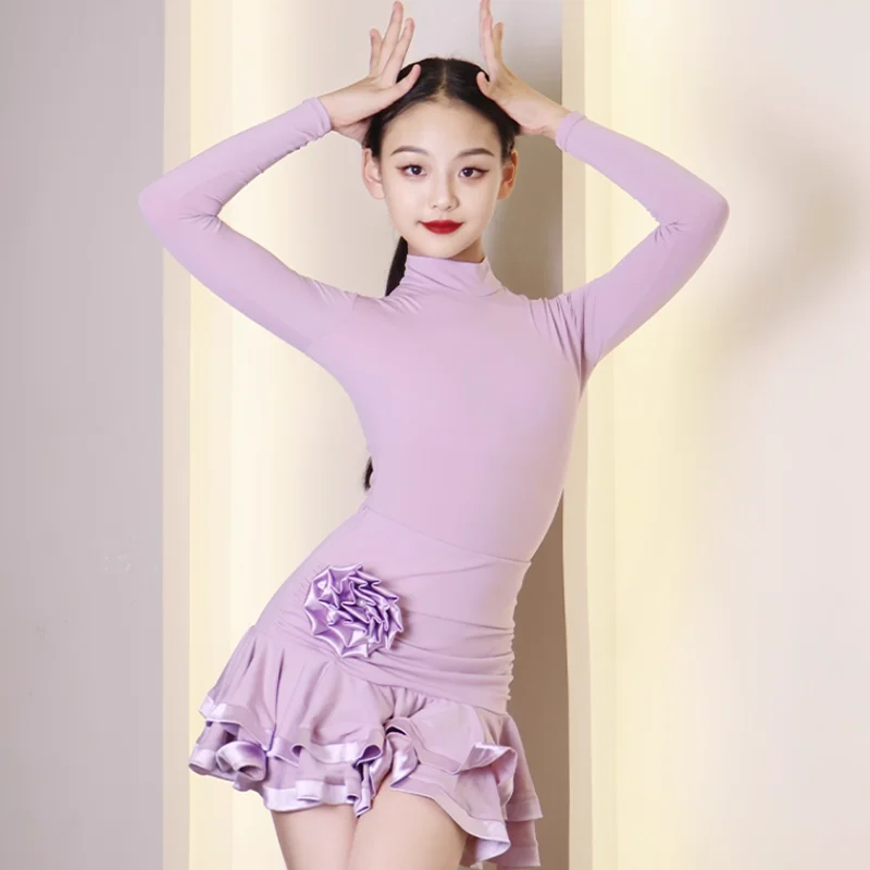 Childrens Latin Dance Sexy Dress Girls Kids Practice Ballroom Dancing Performance Bodysuit and Skirt Set Romba Chacha Costume