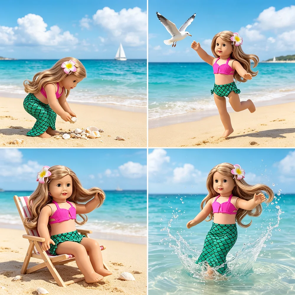 18 inch doll Girl Mermaid Swimsuit Set, doll Swimsuit Three Piece Set, doll Beach Swimsuit, Photography Costume Props, doll Acce