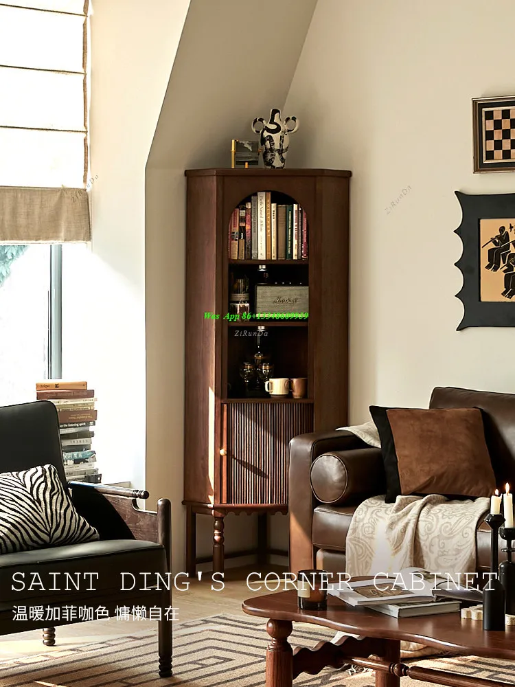 French Retro Solid Wood Living Room Corner Cabinet Corner Cabinet Medieval Triangular Dining Side Cabinet Integrated Against