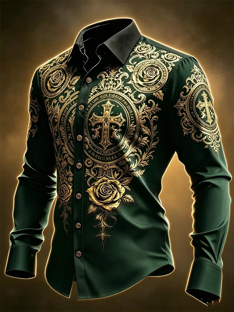 New Red Black Gradient Men's Long Sleeve Shirt Gold Cross Rose Baroque Curly Grass Pattern Printed Shirt