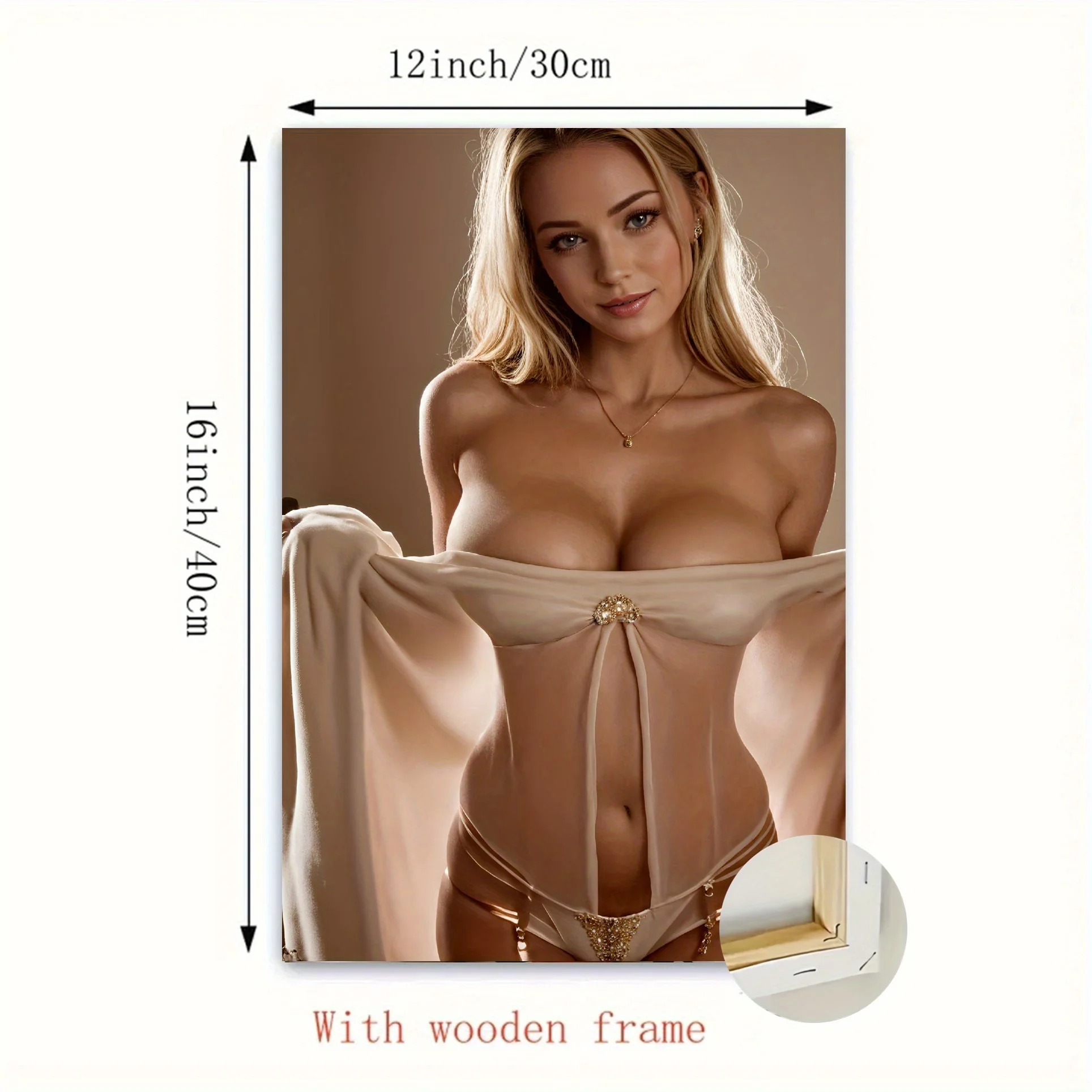 Elegant Moment in Sheer Fabric   Canvas Print - Serene Woman with Golden Bikini Top, Wooden Frame, for Living Room,Bedroom
