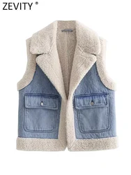 Zevity New Women Fashion Turn Down Collar Lamb PatchworkWashed Denim Vest Jacket Female Sleeveless Pockets WaistCoat Tops CT5477