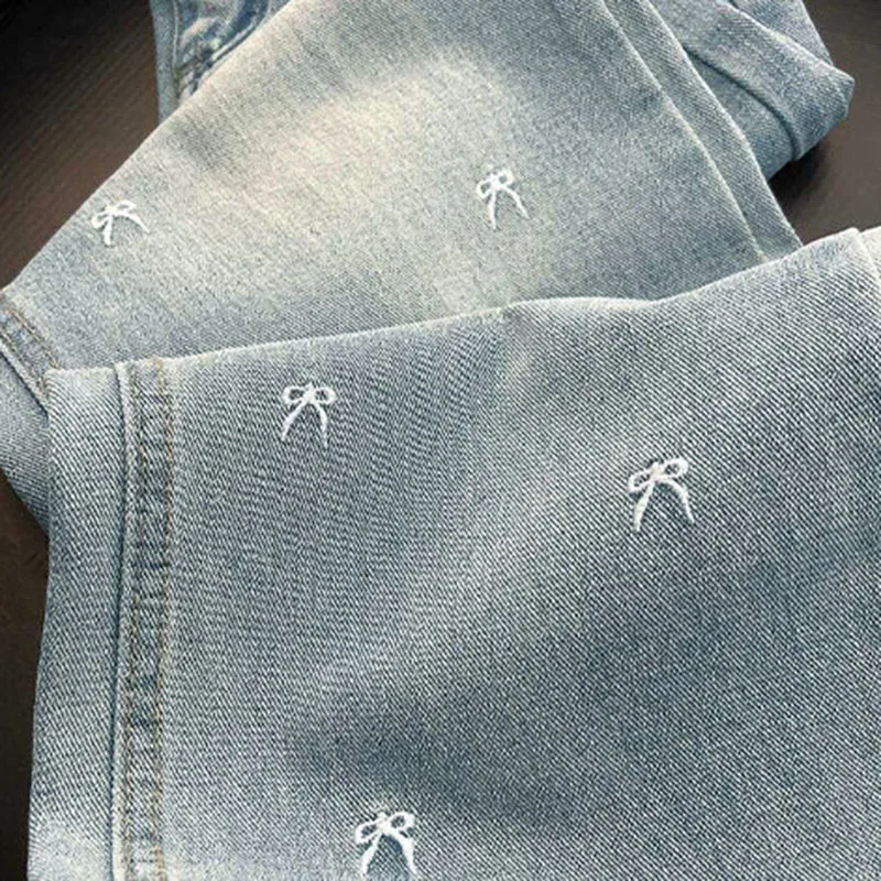 Women Jeans Small Bow Embroidery High Waist Loose Straight Solid color Simple Daily Commuting Casual Versatile Wide Leg Pants