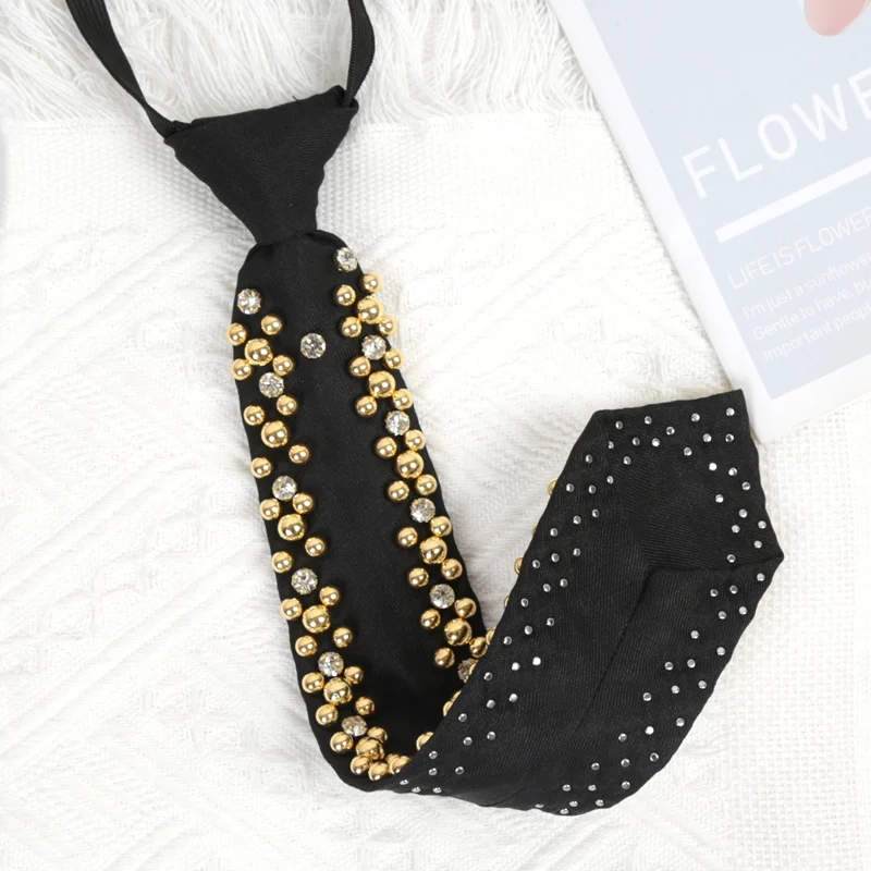 Luxurious Women Popular Shining Pearl Black Tie Trend Style Girls Temperament Clothing Handmade Beaded Necktie  Punk Accessories