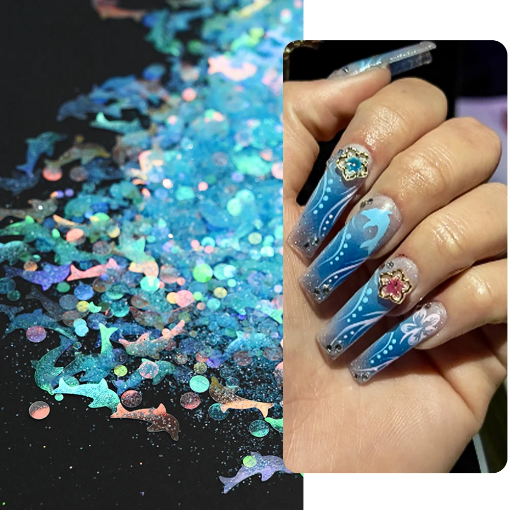 10 g/worek Fairy Blue Mermaid Nail Art Glitter Cute Dolphin Flakes Nail Sequins ﻿ Holograficzny, sypki proszek do zdobienia paznokci z brokatem ﻿