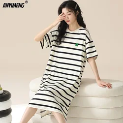 Women Summer Nightgowns Stripe Print Sleepshirt Short Sleeves Pullover Pajama Dress Cute Woman Nightdress Casual Night Gown