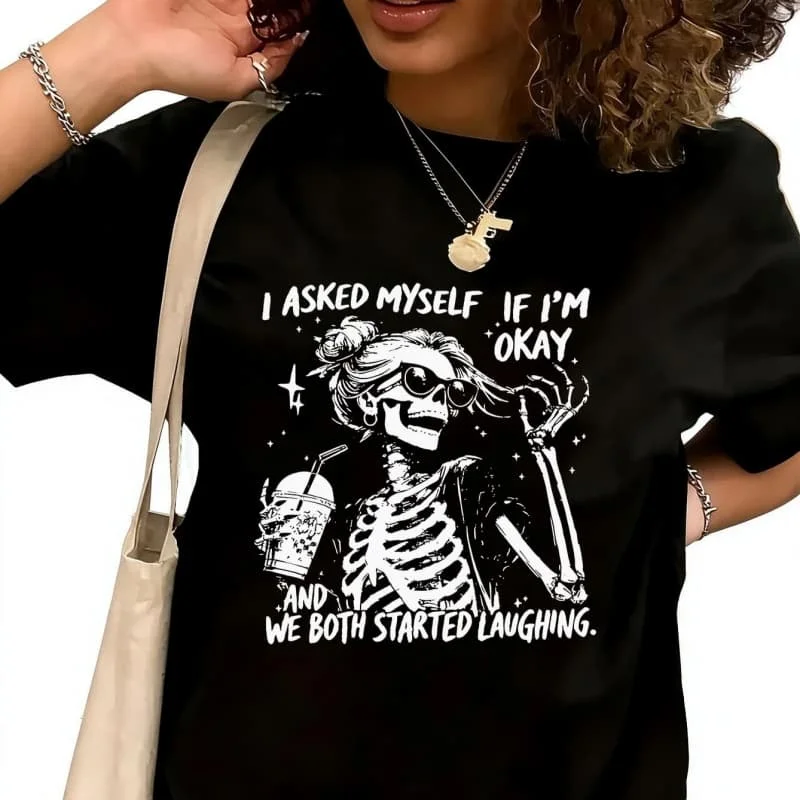 I asked myself if i'm okay Women's T-Shirt 100% Cotton Funny Graphic Short Sleeve Tee Novelty Shirt Casual Crew Neck Top S-5XL