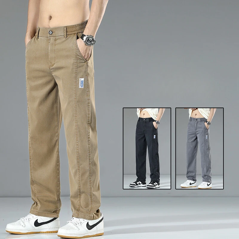 Jeans Tencel de verão masculino – calças casuais finas e respiráveis com perna reta e ajuste solto |   Calças confortáveis de perna larga de seda gelada