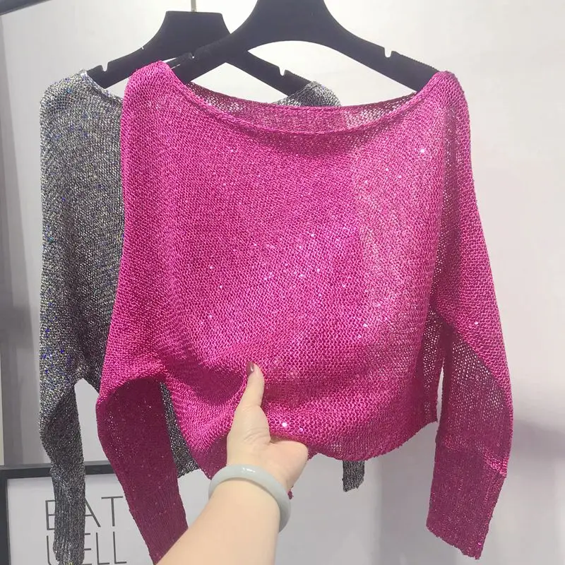 Spring new one-line neck thin sexy sweater top thin model sweater pullover women\'s sequin cropped shirt