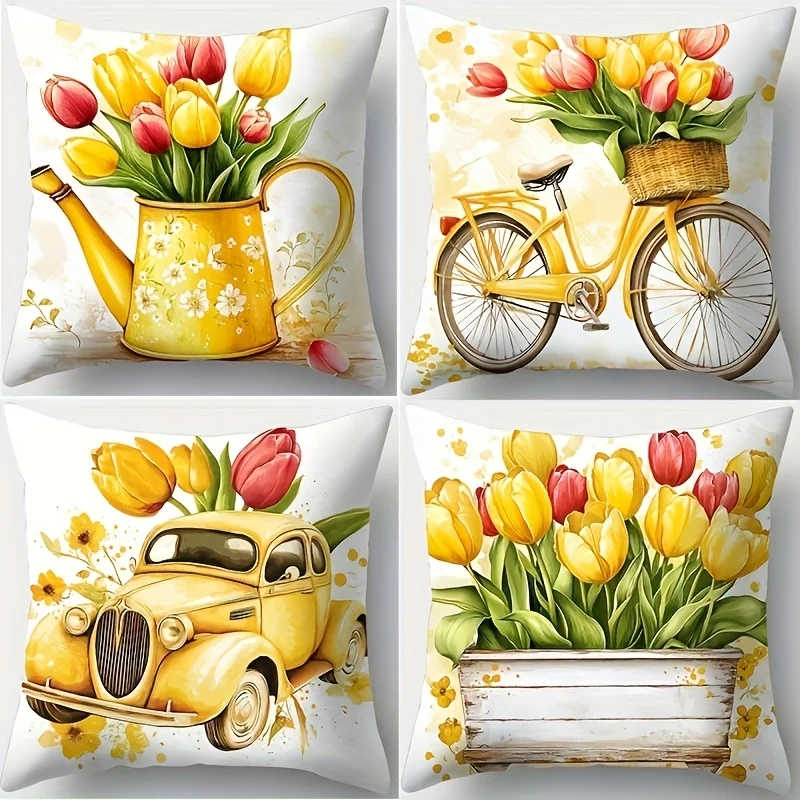4pcs Cute Kitten & Duckling Pillow Covers 45x45cm Animal Friends Floral Background Cushion Cases for Sofa Bed Decor Zipper