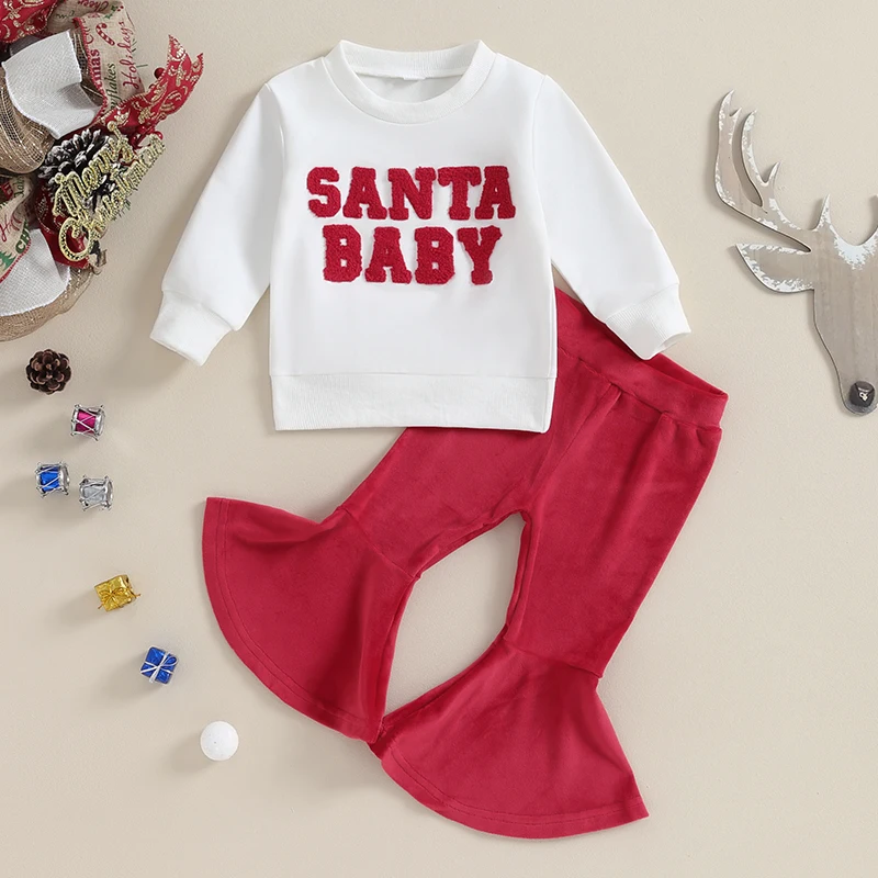 

2023-09-18 Lioraitiin 6M-4Y Toddler Baby Girl Christmas Outfits Santa Baby Sweatshirts Ribbed Flare Pants Set Baby Girls Clothes