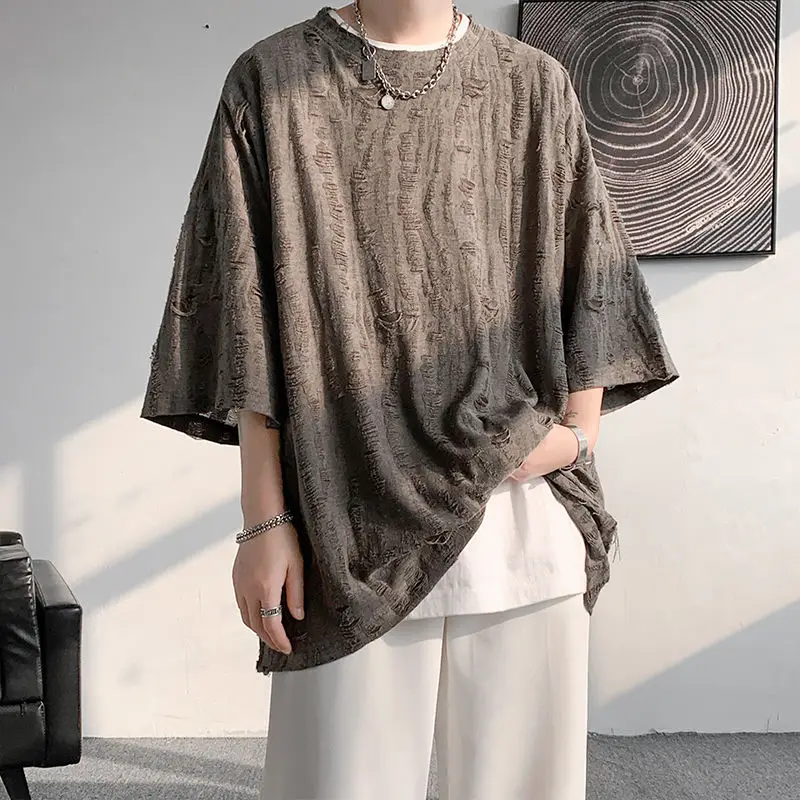 2023 Summer European and American Hip-hop Loose Oversized Cave Fold High Street Round Neck Short Sleeve Youth Fashion T-shirt