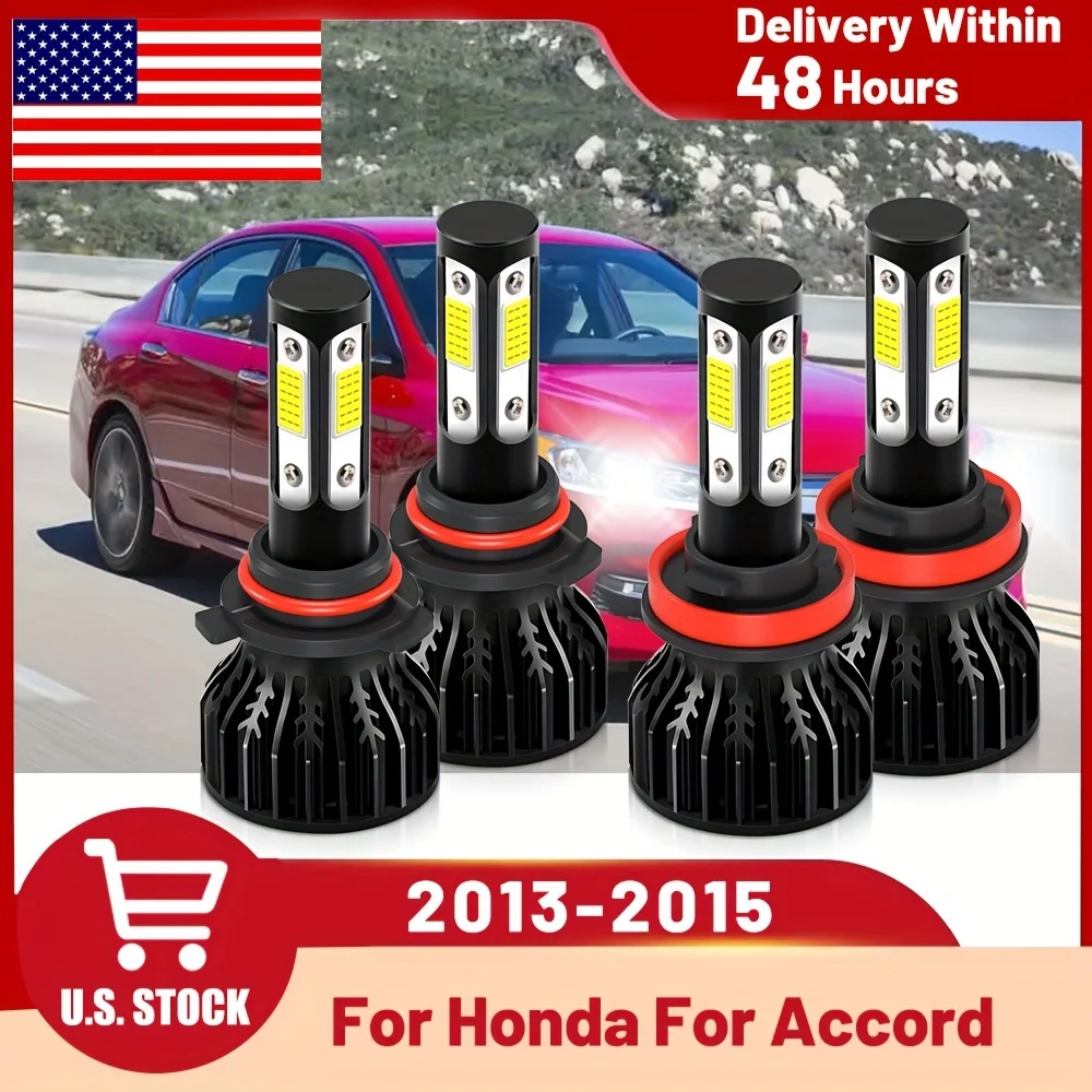 4pcs 9005/HB3 H11 LED Bulbs Combo, For Honda For Accord (2013-2015) 6500K White 450% Brighter, 30000 Lumens, Plug And Play