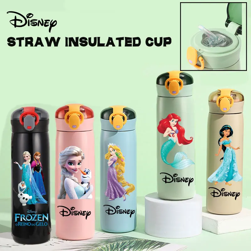 Disney Princess 460ml Thermal Cup Bouncing Frozen Elsa Children's Straw Cup Little Mermaid Spots Portable Stainless Steel Bottle