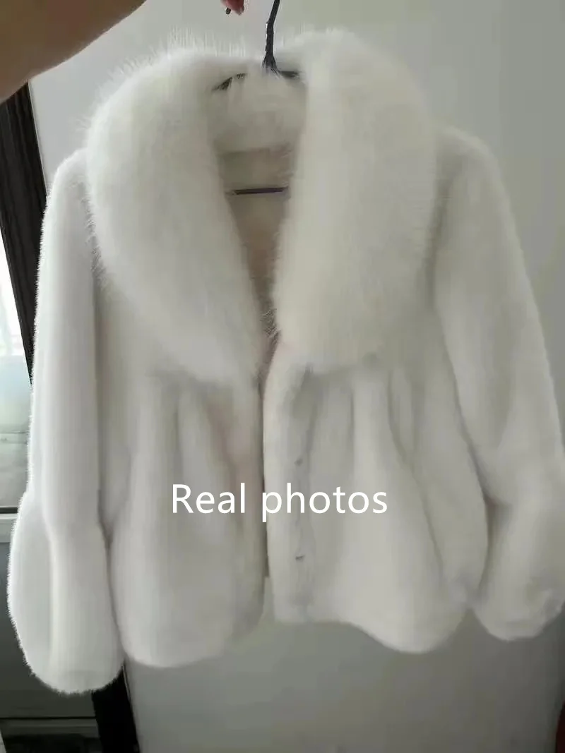 Fashion Faux Fur Coat Women's Mink Fur Short Overcoat Double-faced Fur Jackets Fox Fur-collar Streetwear Outerwear Autumn Winter