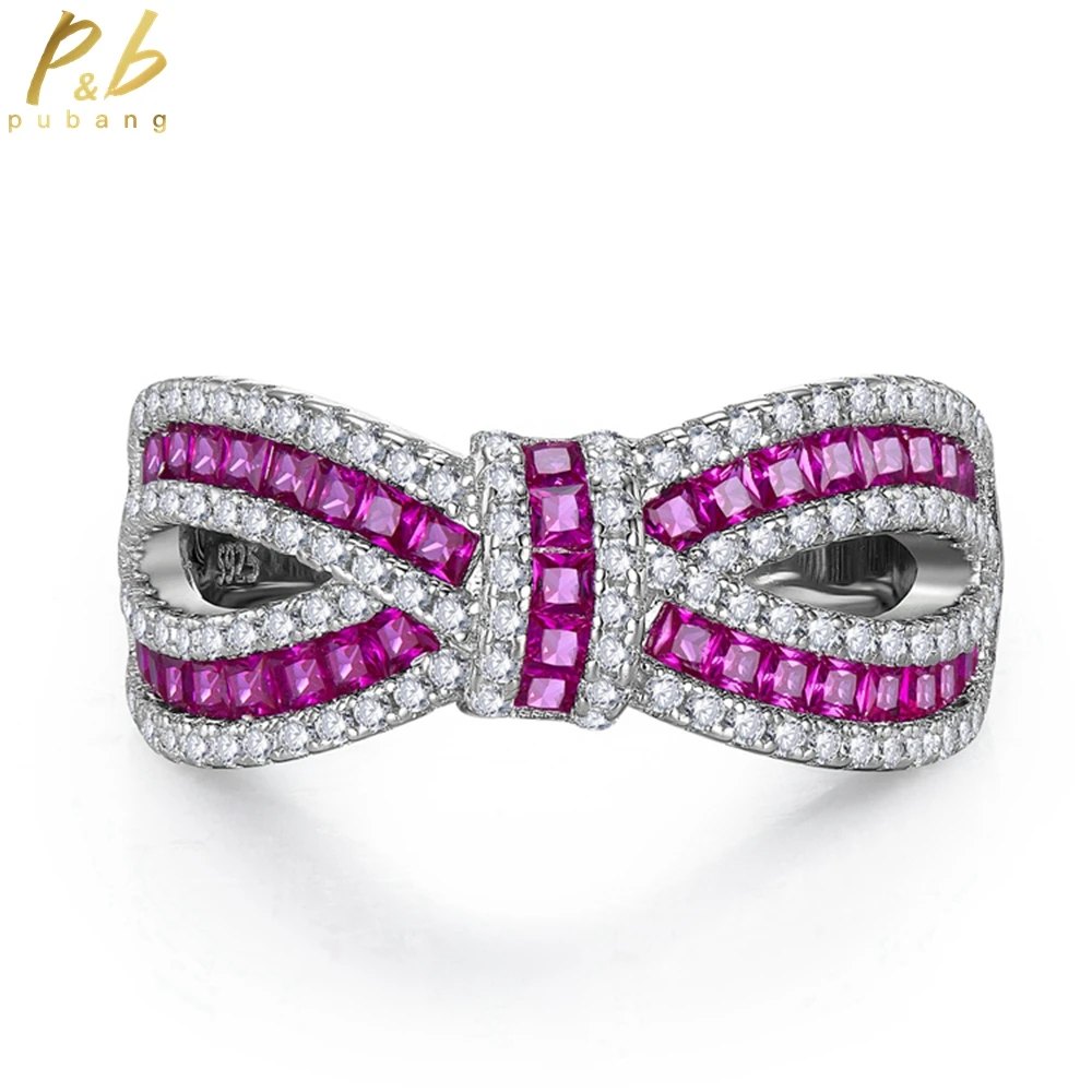 

PuBang Fine Jewelry 925 Sterling Silver Ruby Gem Created Moissanite Bowknot Diamond Ring for Women Engagement Gift Drop Shipping